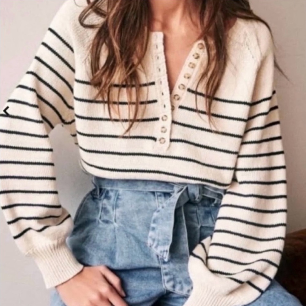 Sezane Leontine Jumper Sweater Henley Ecru Navy Stripe - Picture 2 of 8